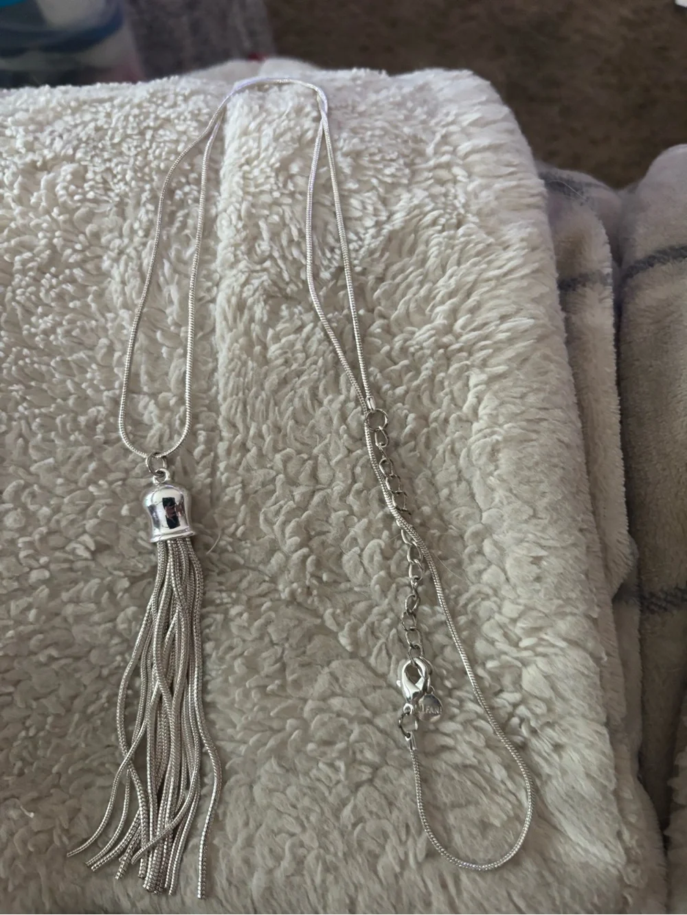 Elegant Silver Tassel Necklace with Filigree Accent Earrings
